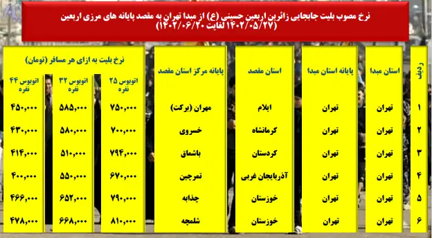 قیمت بلیت اربعین