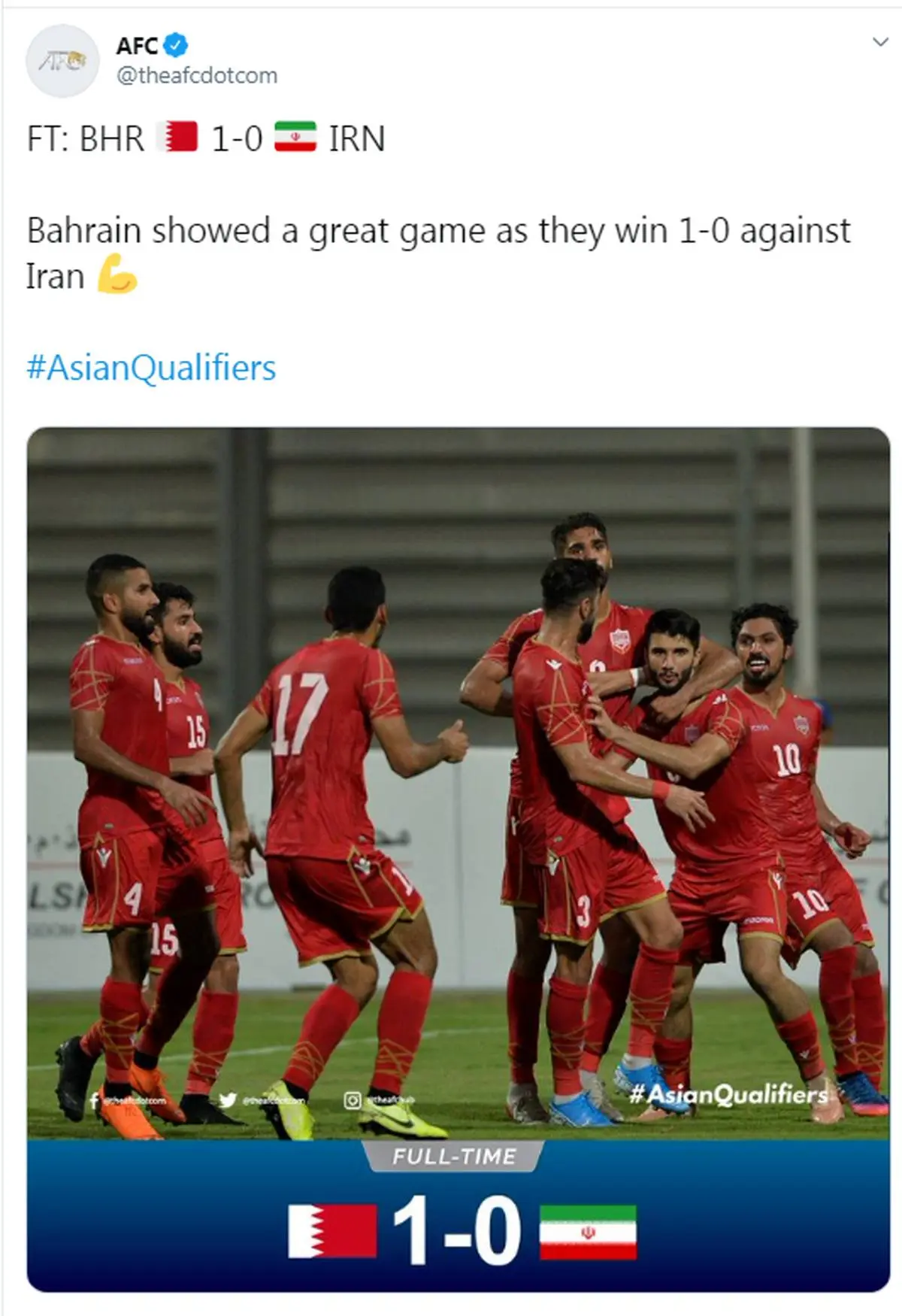 واکنش AFC به پیروزی بحرین مقابل ایران