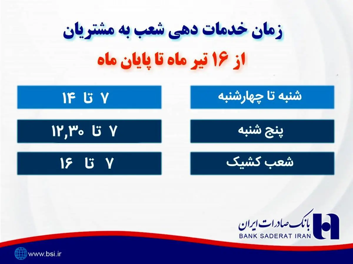 ​خدمت به مشتریان در بانک صادرات از ٧ صبح آغاز می‌شود