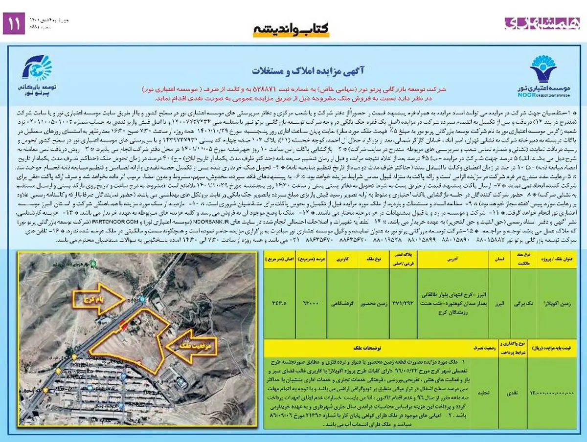 آگهی مزایده املاک و مستغلات موسسه اعتباری نور