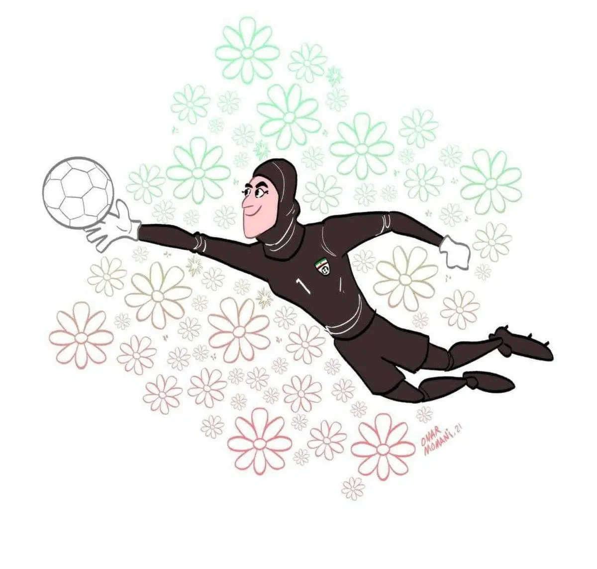 دروازه بان تیم ملی زنان ایران ترند جهانی | حمایت جذاب کاریکاتوریست سرشناس از زهره کودایی