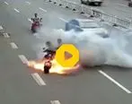 انفجار موتور سیکلت در خیابان + فیلم ترسناک